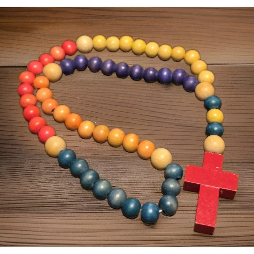 VTG Large Multicolor Catholic Rosary Wooden Beads Chunky Christian Religious
